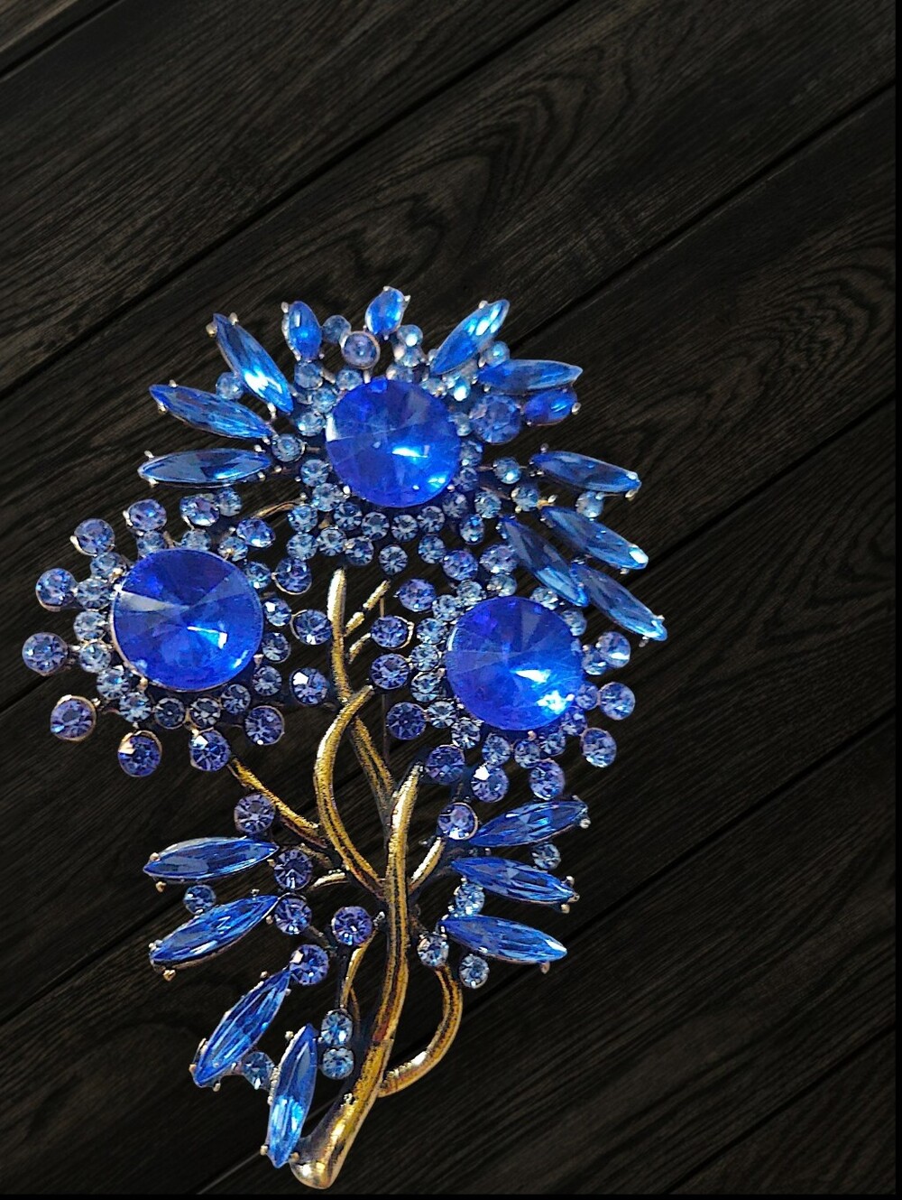 Blue Crystal Floral Brooch